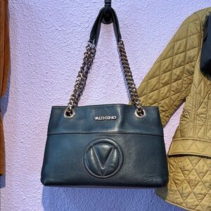 Valentino Black Leather Shoulder Bag with Chain Straps
